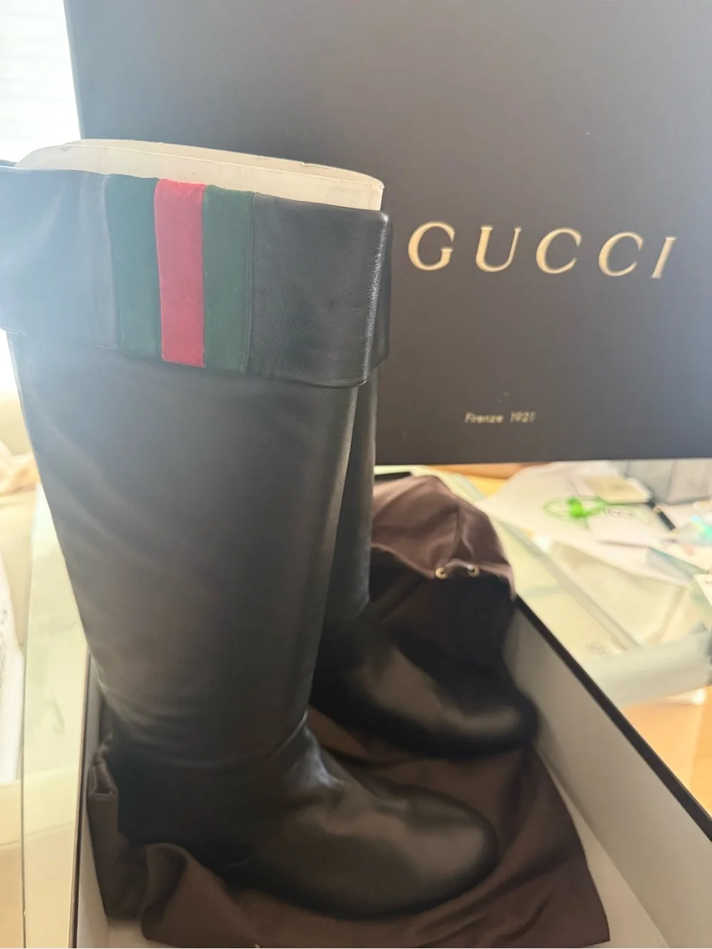 Gucci Black Leather Knee-High Boots with Web Stripe | Size 36